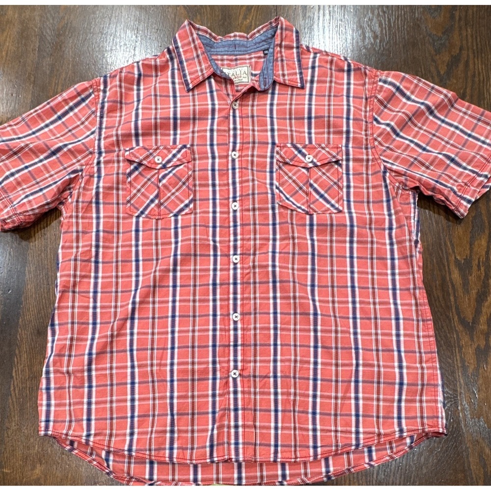 Italia Men's XXL Red Blue Plaid 100% Cotton Short Sleeve Button-Up Shirt